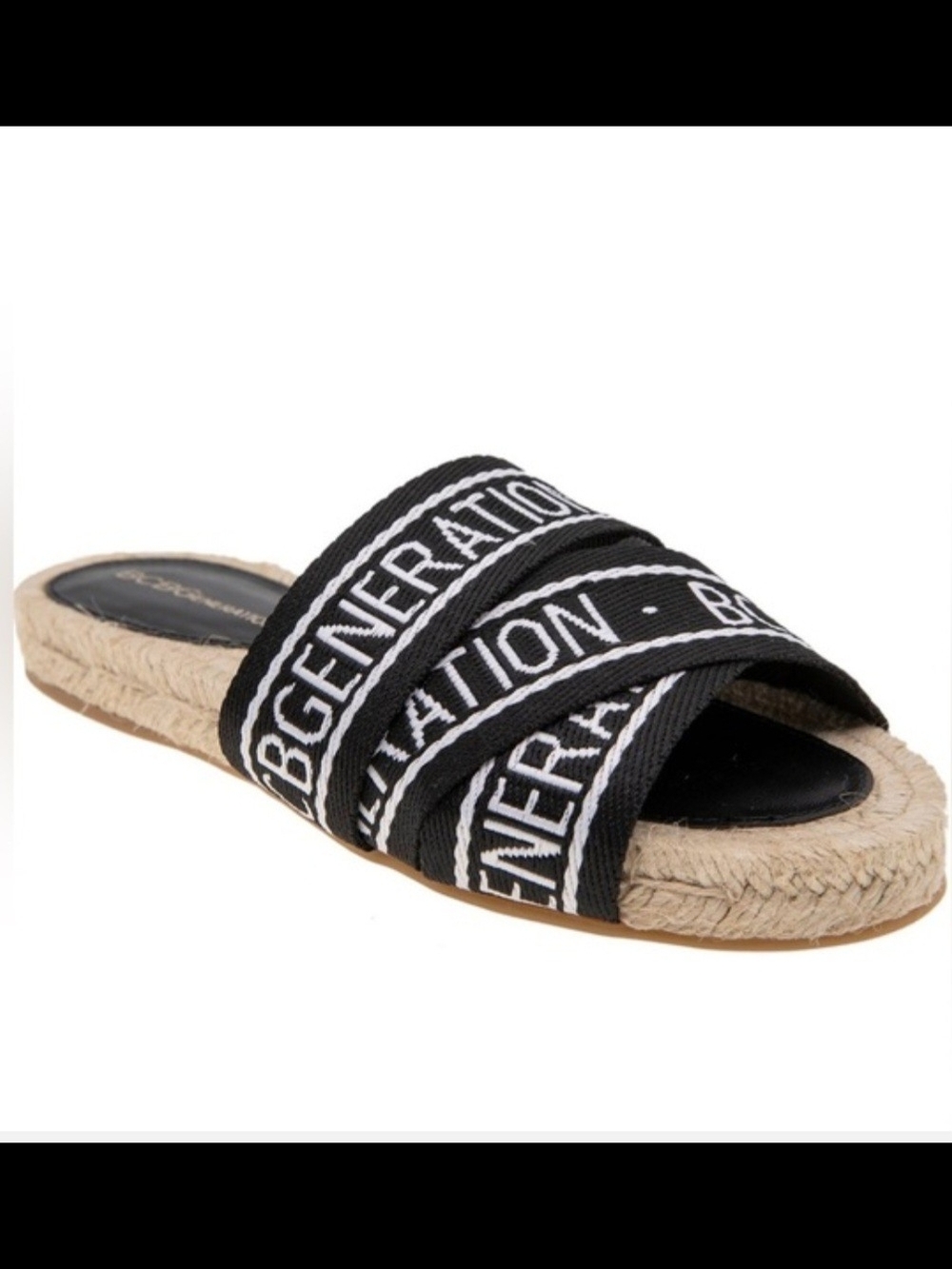 BCBGeneration Black and White Logo Maya Espadrille Slide Sandals